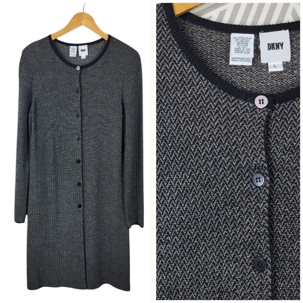 Vintage Y2K DKNY Size Large Cardigan Sweater Button Up Tweed Wool Blend gray